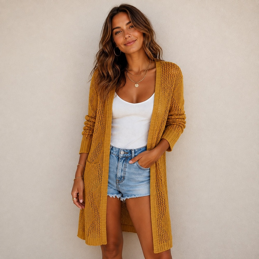 Women’s Open-Front Long Knit Cardigan in Mustard